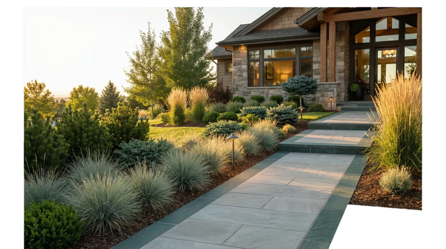 Professional landscaping with structured plantings and clean stonework