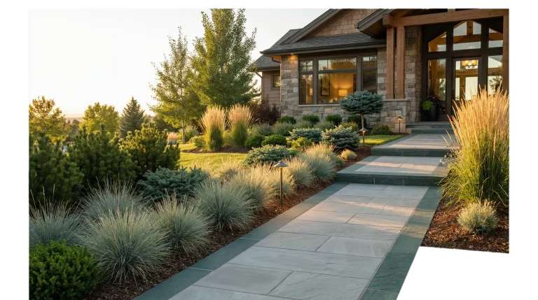 Front-yard landscaping with layered plantings and clean stone edging